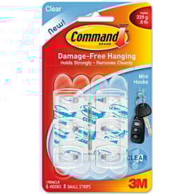 3M Command™ Clear Hooks and Strips Plastic Mini 6 Hooks with 8 Adhesive Strips per Pack