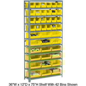 Global Industrial™ Steel Open Shelving - 36 Yellow Plastic Stacking Bins 10 Shelves - 36x18x73