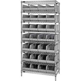Quantum WR8-423 Chrome Wire Shelving with 28 SSB423 Stackable Shelf Bins Gray 36x12x74