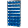 Quantum WR9-205 Chrome Wire Shelving with 64 6""H Plastic Shelf Bins Blue 36x24x74