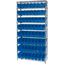 Quantum WR9-205 Chrome Wire Shelving with 64 6""H Plastic Shelf Bins Blue 36x24x74