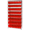 Quantum WR9-205 Chrome Wire Shelving with 64 6""H Plastic Shelf Bins Red 36x24x74