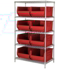 Quantum WR5-955 Chrome Wire Shelving With 8 24""D Bins Red 42x24x74
