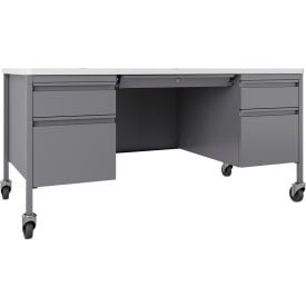 Lorell Fortress Steel Mobile Teachers Desk - 60"" x 30"" - White/Platinum