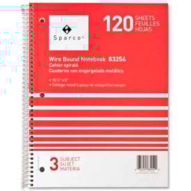 Sparco™ 3-Subject Notebook 8"" x 10-1/2"" College Ruled Bright White 120 Sheets/Pad
