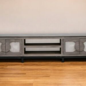 93" Gray Solid Wood Cabinet Enclosed Storage Distressed TV Stand