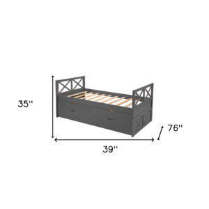 Gray Cross Back Wood Twin With Two Drawers Bed Frame with Trundle