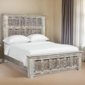 Natural Carved Geometric Distressed Solid Wood King Bed Frame