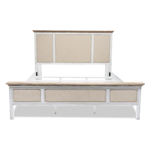 White and Beige Shiplap Texture Distressed Solid Wood And Linen King Bed Frame