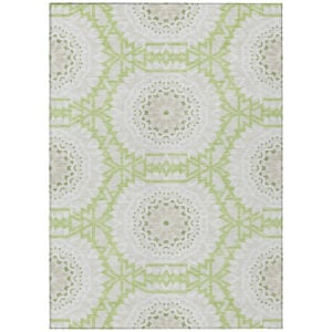 9' X 12' Artichoke Green Olive Green And Tan Floral Medallion Washable Indoor Outdoor Area Rug