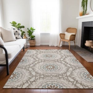 3' X 5' Beige Brown And Teal Blue Floral Medallion Washable Indoor Outdoor Area Rug