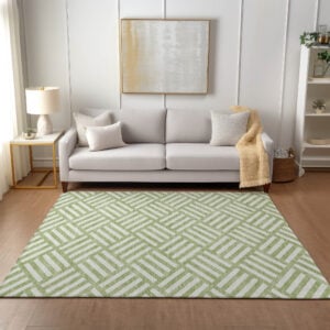 3' X 5' Artichoke Green And Ivory Geometric Washable Indoor Outdoor Area Rug
