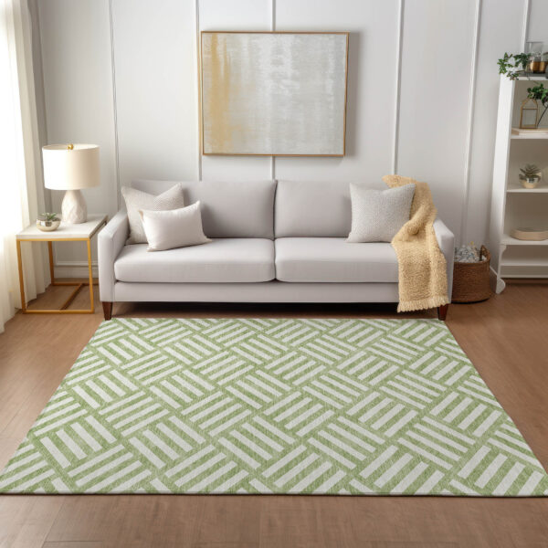3' X 5' Artichoke Green And Ivory Geometric Washable Indoor Outdoor Area Rug