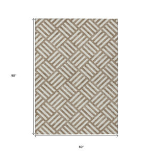 5' X 8' Brown And Ivory Geometric Washable Indoor Outdoor Area Rug