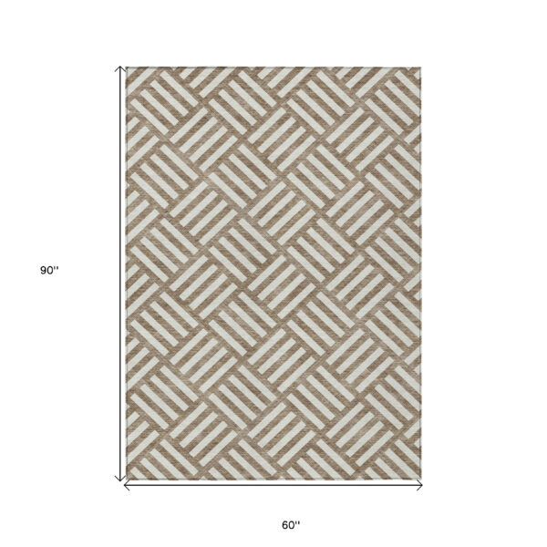 5' X 8' Brown And Ivory Geometric Washable Indoor Outdoor Area Rug