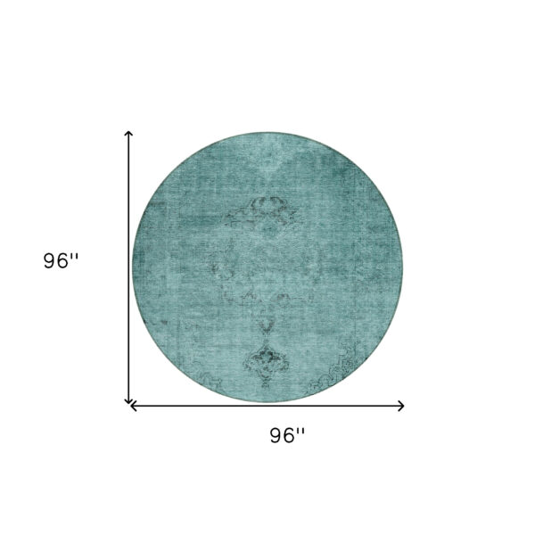8' Teal Blue Turquoise And Charcoal Round Oriental Washable Indoor Outdoor Area Rug