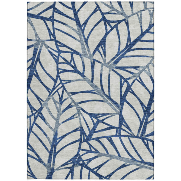 9' X 12' Navy Blue And Beige Floral Washable Indoor Outdoor Area Rug