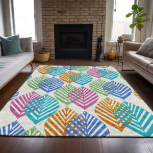 8' X 10' White Orange And Blue Floral Washable Indoor Outdoor Area Rug