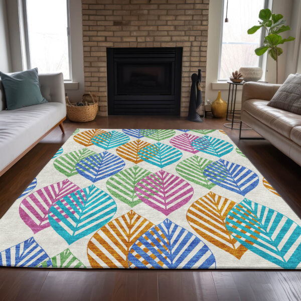8' X 10' White Orange And Blue Floral Washable Indoor Outdoor Area Rug