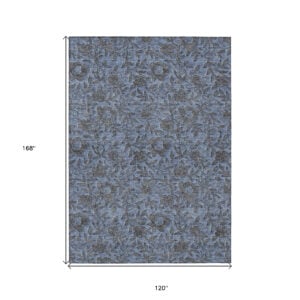 10' X 14' Blue Gray And Charcoal Floral Washable Indoor Outdoor Area Rug