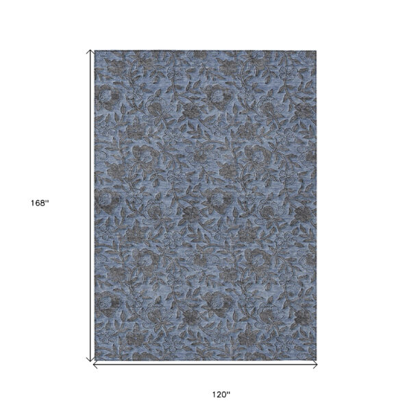 10' X 14' Blue Gray And Charcoal Floral Washable Indoor Outdoor Area Rug
