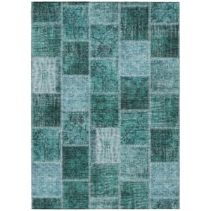 9' X 12' Teal Blue Aqua And Charcoal Patchwork Washable Indoor Outdoor Area Rug