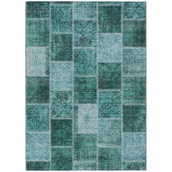 9' X 12' Teal Blue Aqua And Charcoal Patchwork Washable Indoor Outdoor Area Rug