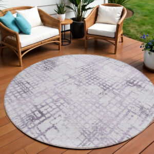8' Purple Lavender And Silver Round Geometric Washable Indoor Outdoor Area Rug