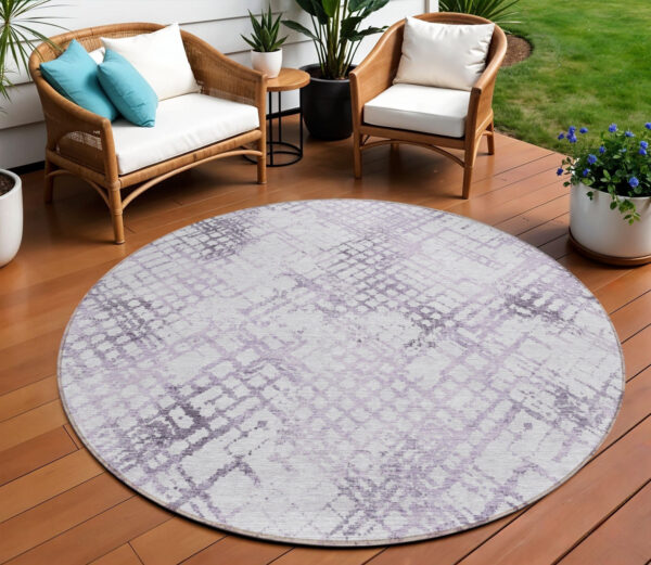 8' Purple Lavender And Silver Round Geometric Washable Indoor Outdoor Area Rug