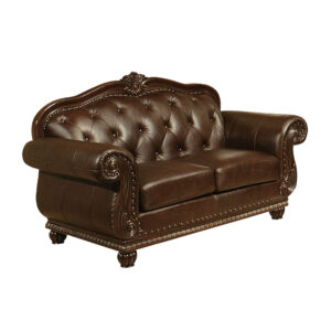 70" Espresso Faux Leather And Black Nailhead Love Seat