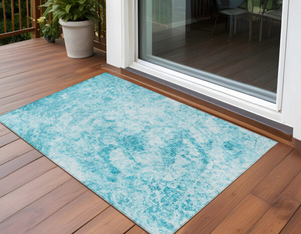 3' X 5' Teal Abstract Washable Non Skid Indoor Outdoor Area Rug