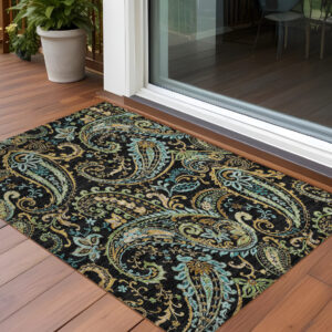 2' X 3' Black and Gold Paisley Washable Indoor Outdoor Area Rug