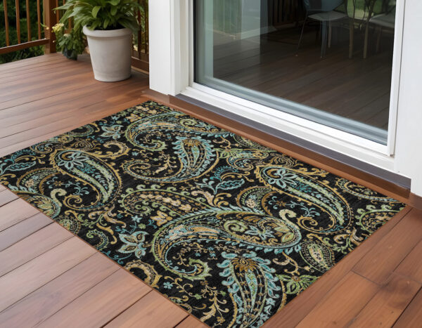 2' X 3' Black and Gold Paisley Washable Indoor Outdoor Area Rug