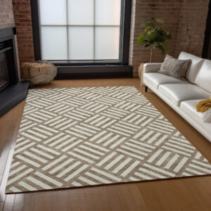 9' X 12' Brown And Ivory Geometric Washable Indoor Outdoor Area Rug
