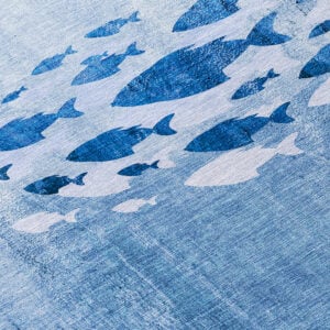 8' Sky Blue And Navy Blue Round Nautical Washable Indoor Outdoor Area Rug
