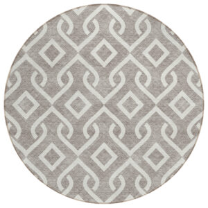 8' Taupe And Ivory Round Geometric Washable Indoor Outdoor Area Rug