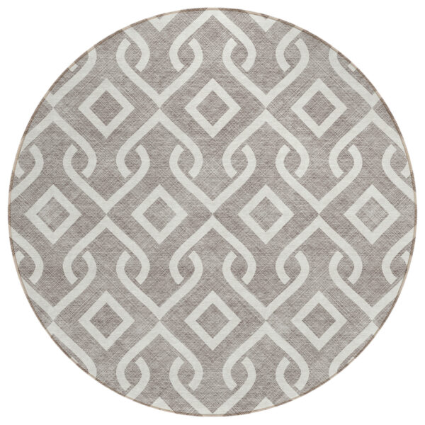 8' Taupe And Ivory Round Geometric Washable Indoor Outdoor Area Rug