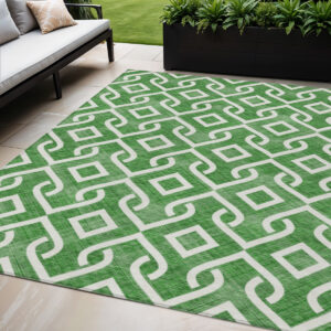 5' X 8' Emerald And Ivory Geometric Washable Indoor Outdoor Area Rug