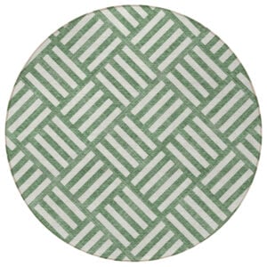 8' Green And Ivory Round Geometric Washable Indoor Outdoor Area Rug