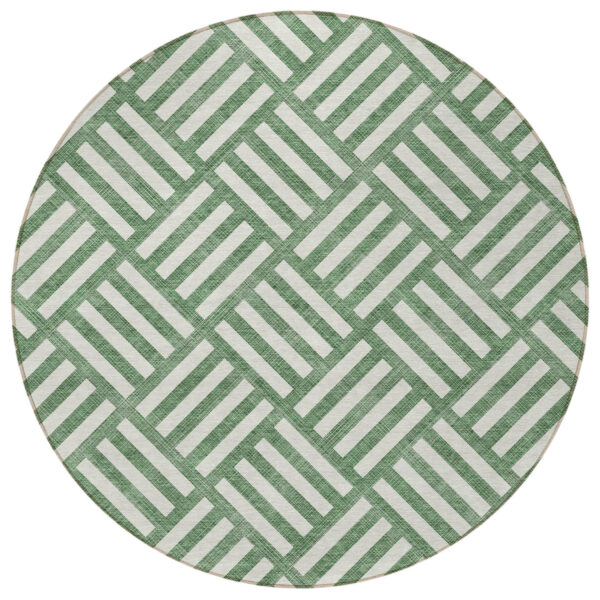 8' Green And Ivory Round Geometric Washable Indoor Outdoor Area Rug