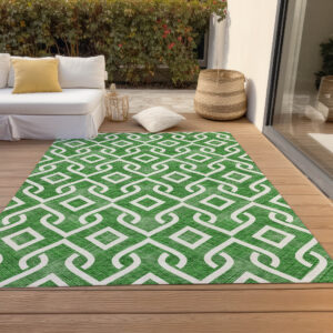 9' X 12' Emerald And Ivory Geometric Washable Indoor Outdoor Area Rug