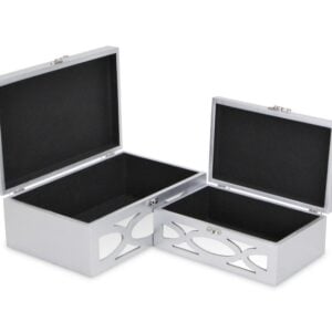 Set of Two Silver Oval Scroll Mirror Jewelry Storage Boxes