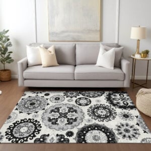 8' X 10' Black Gray And Silver Floral Medallion Washable Indoor Outdoor Area Rug
