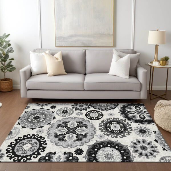 8' X 10' Black Gray And Silver Floral Medallion Washable Indoor Outdoor Area Rug