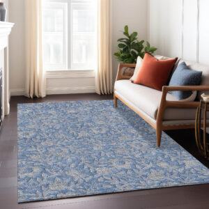 3' X 5' Denim Blue And Taupe Floral Washable Indoor Outdoor Area Rug