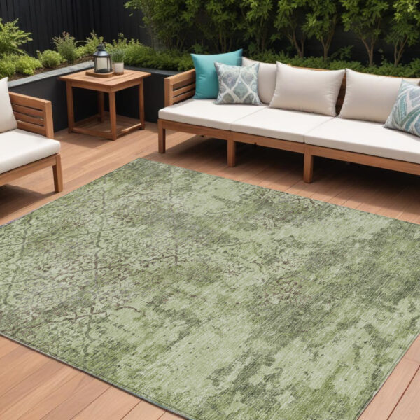 8' X 10' Artichoke Green And Fern Green Floral Washable Indoor Outdoor Area Rug