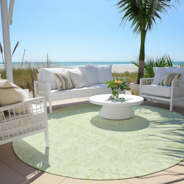 8' Artichoke Green And Mint Green Round Floral Washable Indoor Outdoor Area Rug