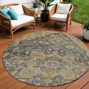 8' Gray Charcoal And Silver Round Oriental Washable Indoor Outdoor Area Rug