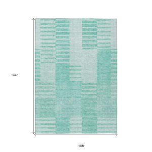 9' X 12' Teal Blue Aqua And Ivory Striped Washable Indoor Outdoor Area Rug