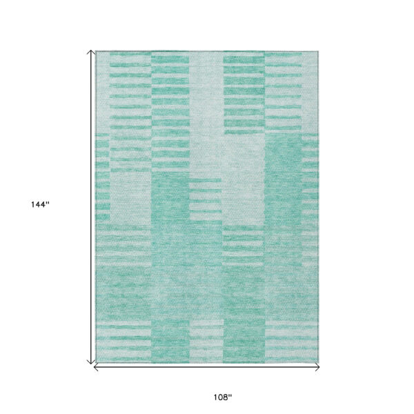 9' X 12' Teal Blue Aqua And Ivory Striped Washable Indoor Outdoor Area Rug